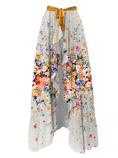 Ruffled Floral Print Colorblock One-Piece Swimsuit and Cover-up