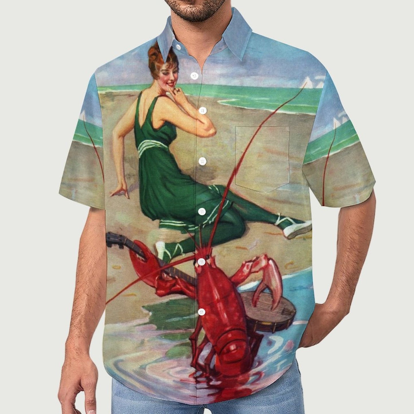 Vintage Belle Lobster Chest Pocket Short Sleeve Hawaiian Shirt 2306100698
