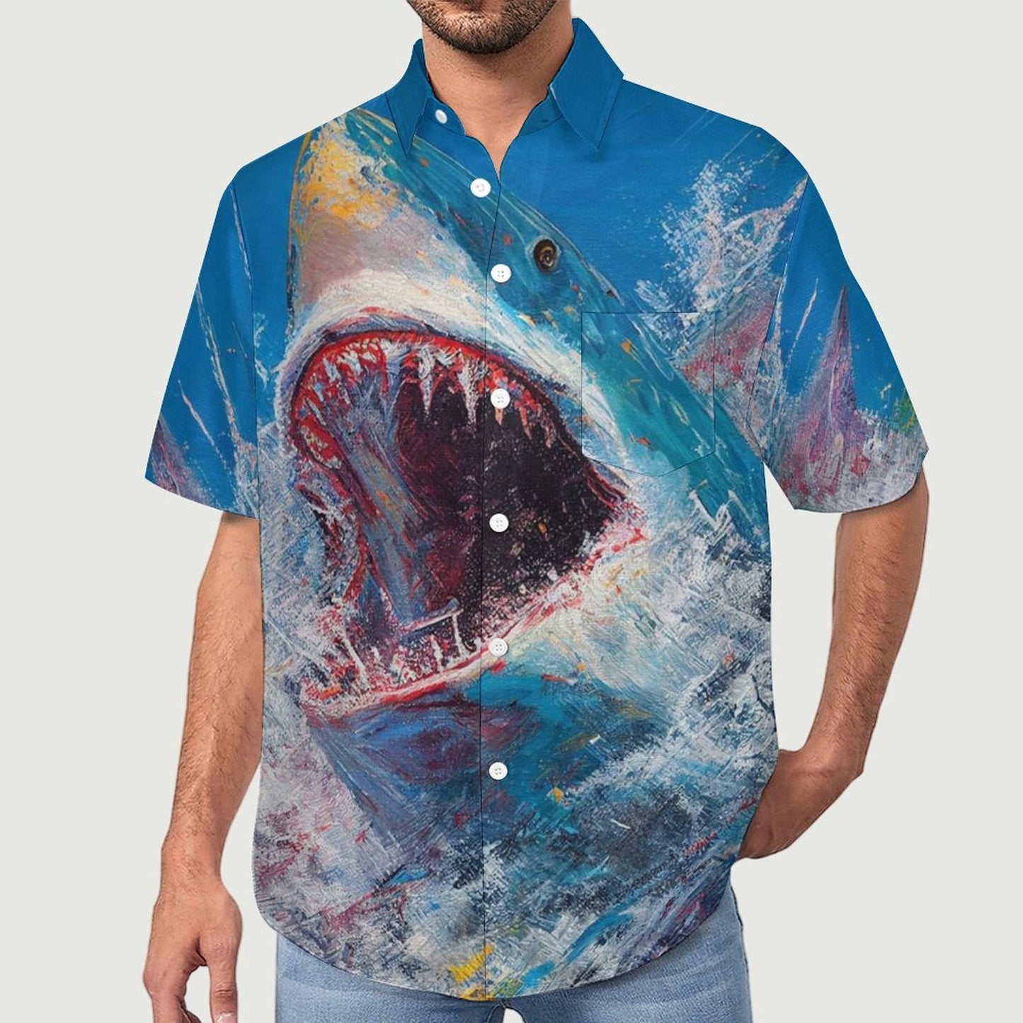 Men's Canvas Shark Art Print Vacation Hawaiian Shirt 2305106642