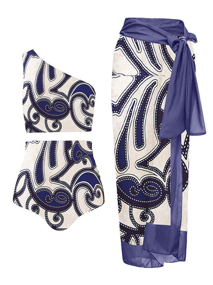 Fashion Printed One Shoulder High Waist One Piece Swimsuit