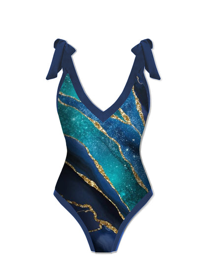 Marble Print One Piece Swimsuit And Cover Up