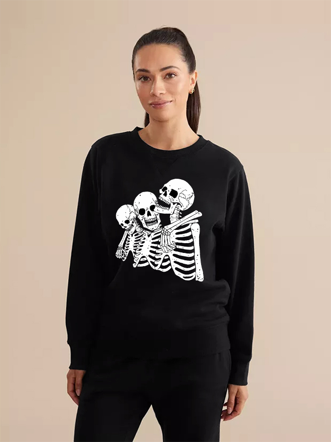 Unisex Round Neck Casual Skeleton Printed Long Sleeve Sweatshirt