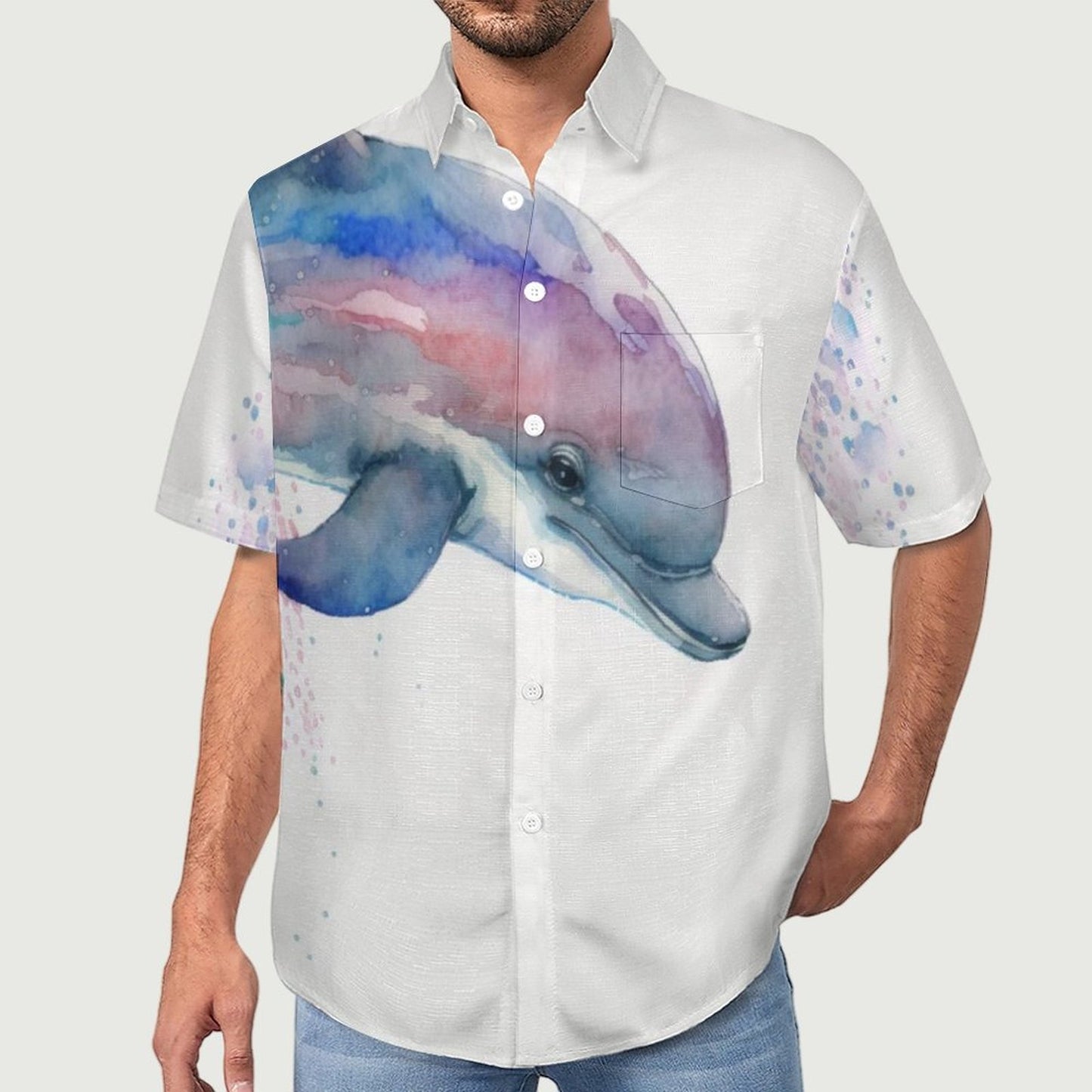 Men's Watercolor Dolphin Print Vacation Hawaiian Shirt