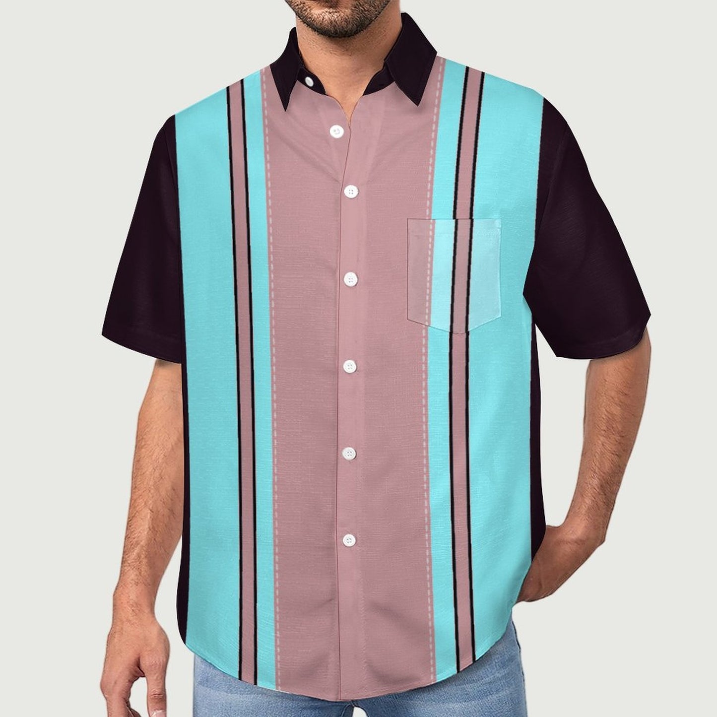 Men's Geometric Stripe Print Front Button Soft Breathable Chest Pocket Casual Shirt