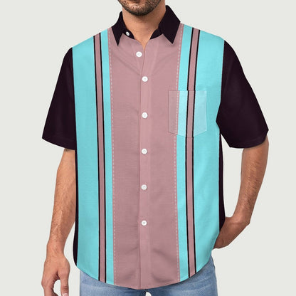 Men's Geometric Stripe Print Front Button Soft Breathable Chest Pocket Casual Shirt