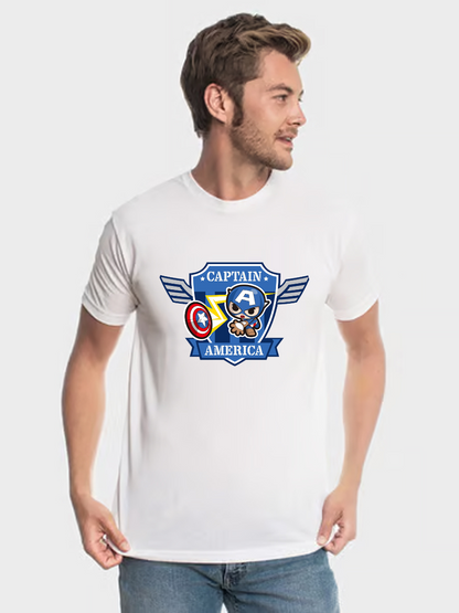 Men's Casual Little Captain America Printed Round Neck Short Sleeve T-Shirt