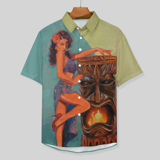 Tribal Girl Print Men's Faux Linen Vacation Hawaiian Shirt