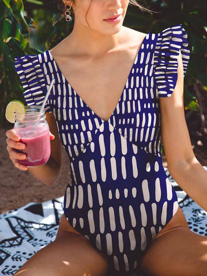 Fashion Colorblock Print Ruffle Deep V One Piece Swimsuit