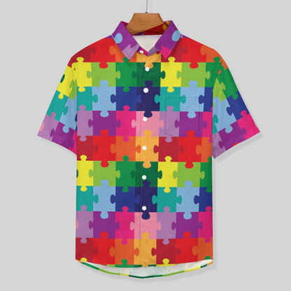 Men's Hawaiian Colorful Puzzle Print Vacation Shirt 2306101599
