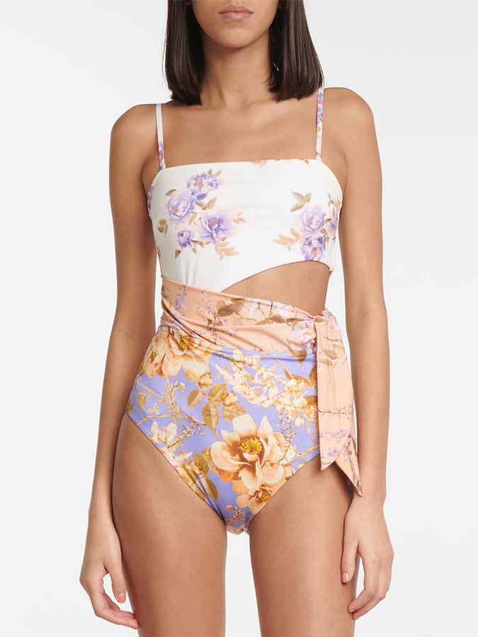 Fashion Colorblock Floral Print One Piece Swimsuit