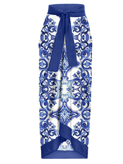 Fashion Vintage V-Neck Print One-Piece Swimsuit Set
