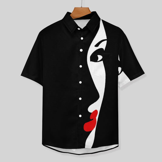 Men's Beautiful Girl Face Shadow Printed Casual Short Sleeve Shirt 2306102580