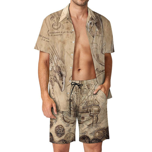 Men's Hawaiian Print Beach Two-Piece Suit 2305102348