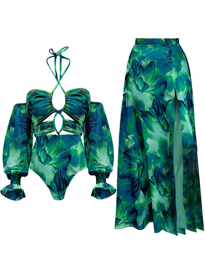 Halter Lace Up Printed Beach One Piece Swimsuit and Skirt
