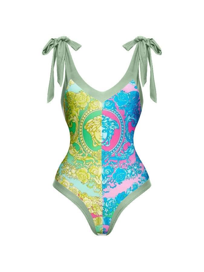 Fashion Print Lace Up One Piece Swimsuit
