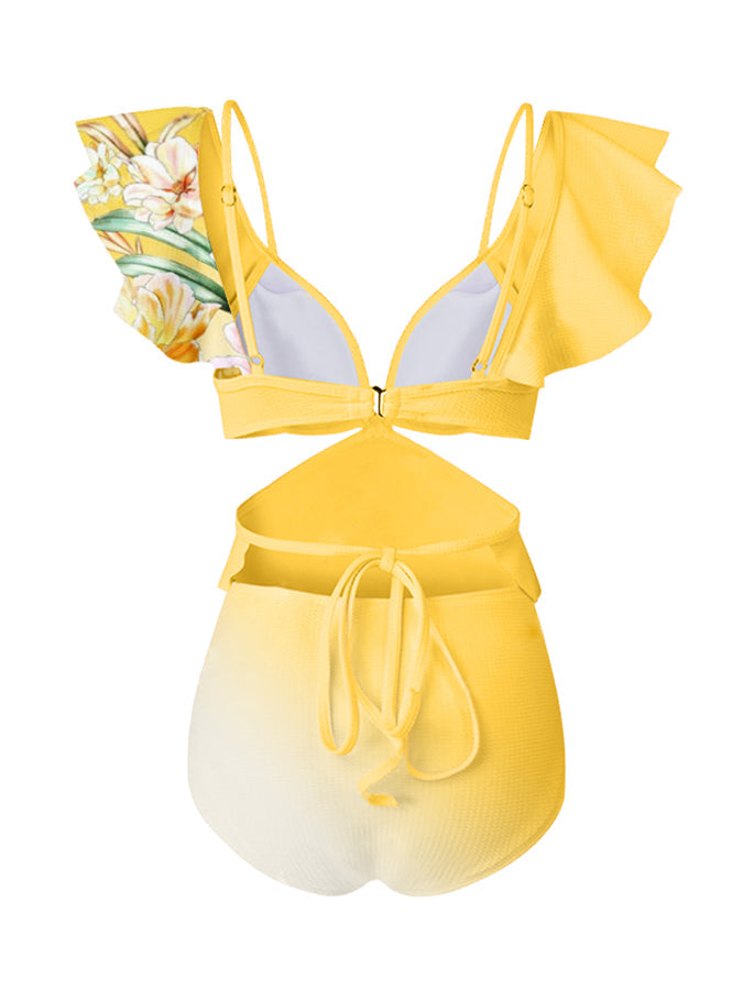 Fashion Vintage Gradient Floral Print Ruffled One Piece Swimsuit Set
