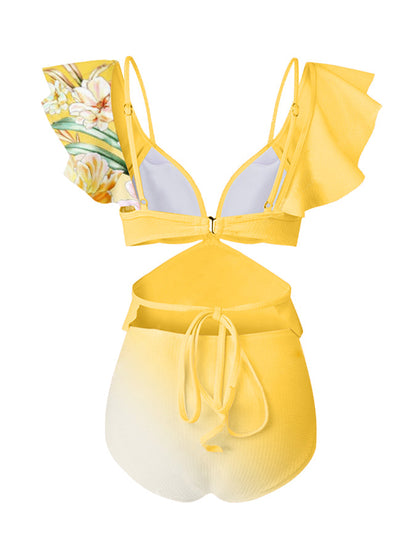Fashion Vintage Gradient Floral Print Ruffled One Piece Swimsuit Set