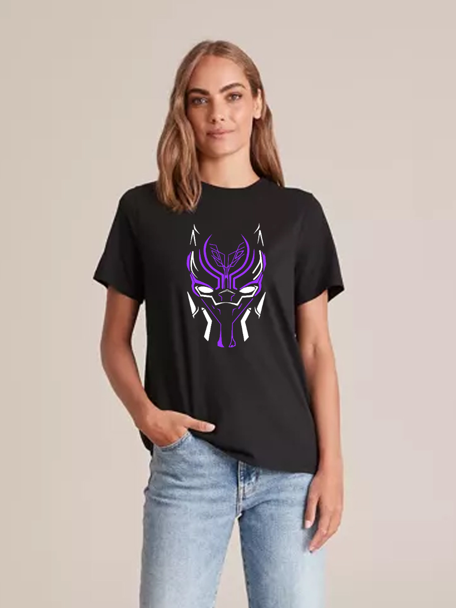 Women's Casual Marvel Black Panther Neon Printed Round Neck Short Sleeve T-Shirt
