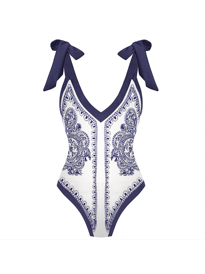 Blue and White Porcelain Print One Piece Swimsuit Set