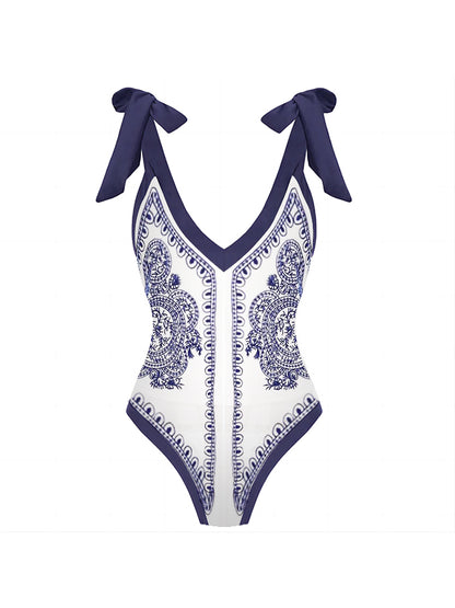 Blue and White Porcelain Print One Piece Swimsuit Set