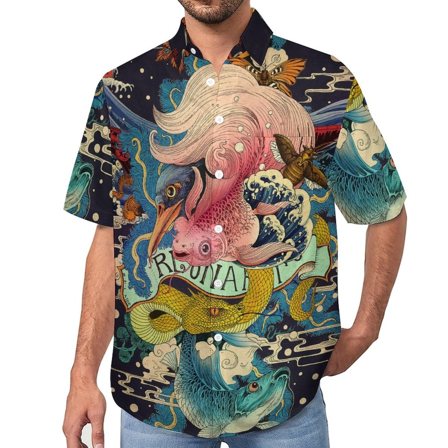 Men's Ukiyo-e Sea Life Print Vacation Hawaiian Shirt 2305107206