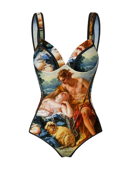 Vintage Print One Piece Swimsuit and Cover Up