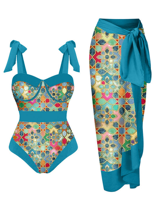 Vintage Colorblock Ethnic Print Swimsuit and Cover Up