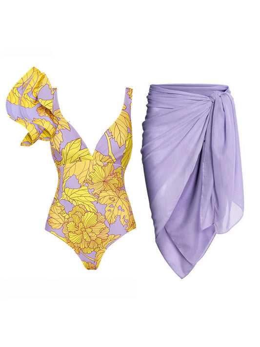One-Shoulder Printed Ruffle One-Piece Swimsuit