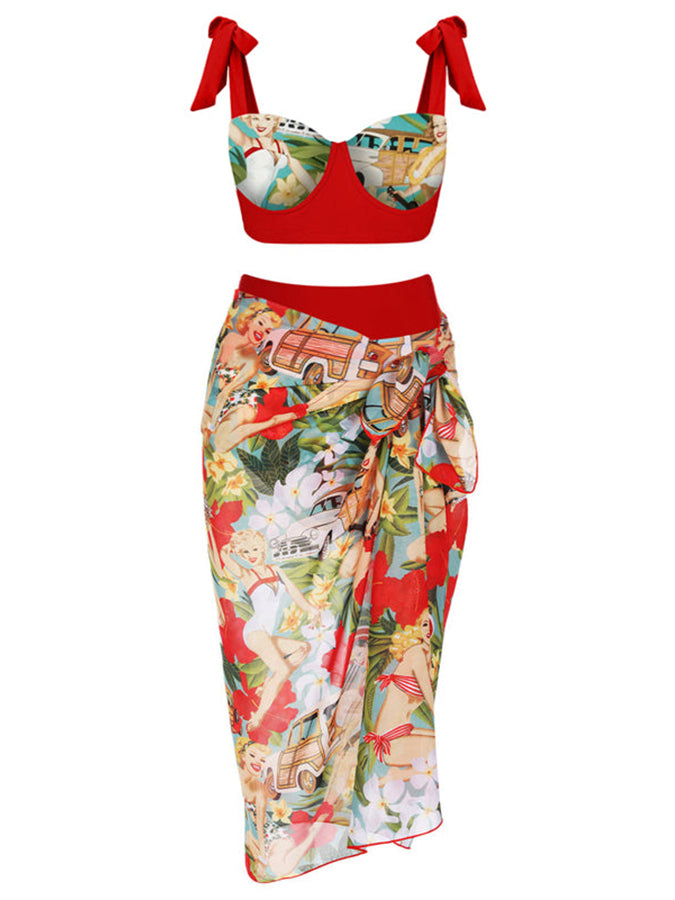 Fashion Colorblock Print One Piece Swimsuit and Cover Up
