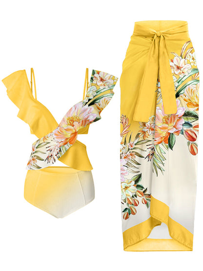 Fashion Vintage Gradient Floral Print Ruffled One Piece Swimsuit Set
