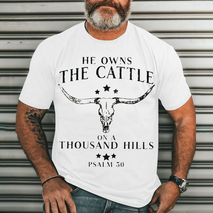 He Owns the Cattle on a Thousand Hills Men's Casual Printed T-Shirt