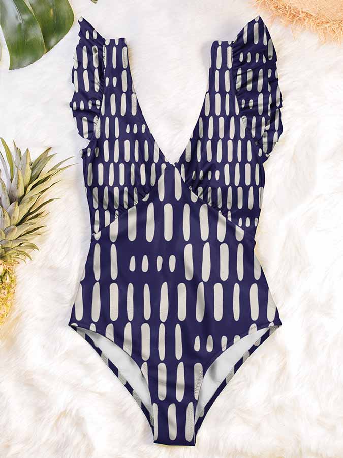 Fashion Colorblock Print Ruffle Deep V One Piece Swimsuit