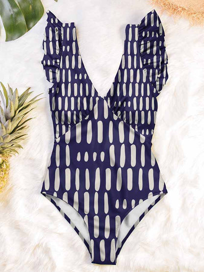 Fashion Colorblock Print Ruffle Deep V One Piece Swimsuit
