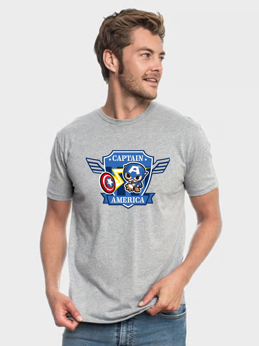 Men's Casual Little Captain America Printed Round Neck Short Sleeve T-Shirt