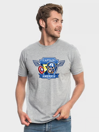 Men's Casual Little Captain America Printed Round Neck Short Sleeve T-Shirt
