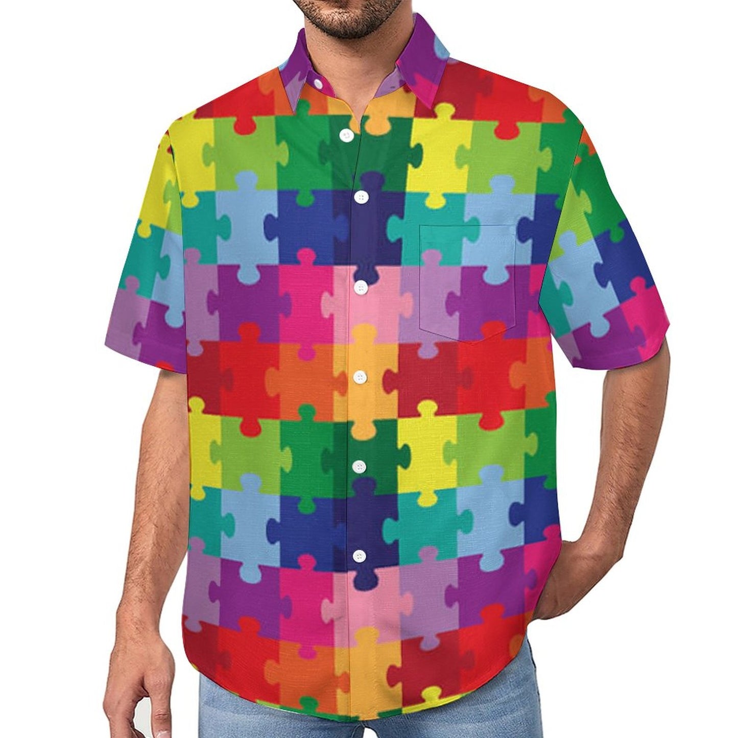 Men's Hawaiian Colorful Puzzle Print Vacation Shirt 2306101599
