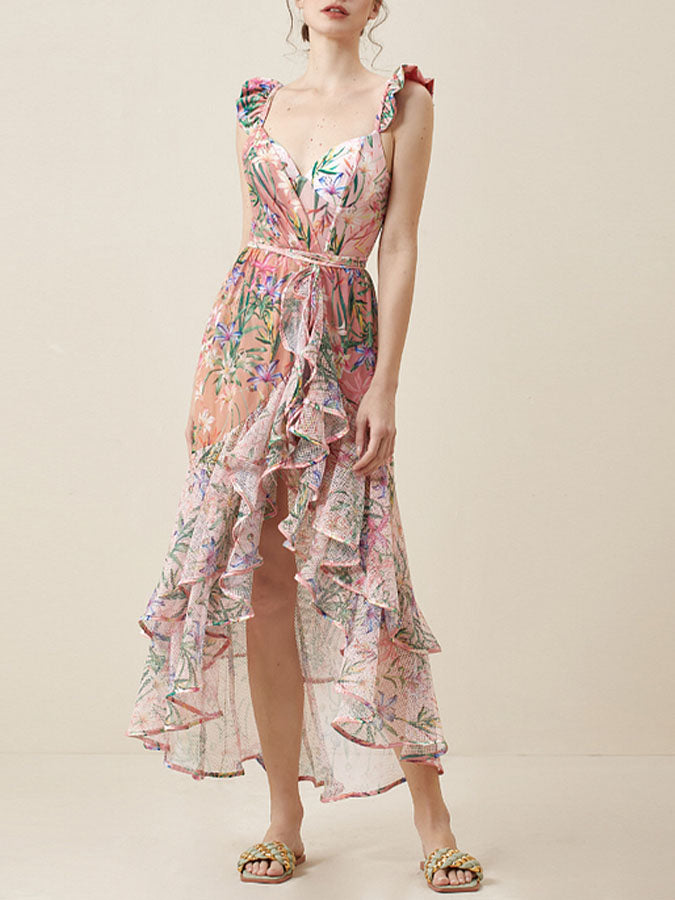 Floral Print One Piece Swimsuit and Mesh Splicing Sarong
