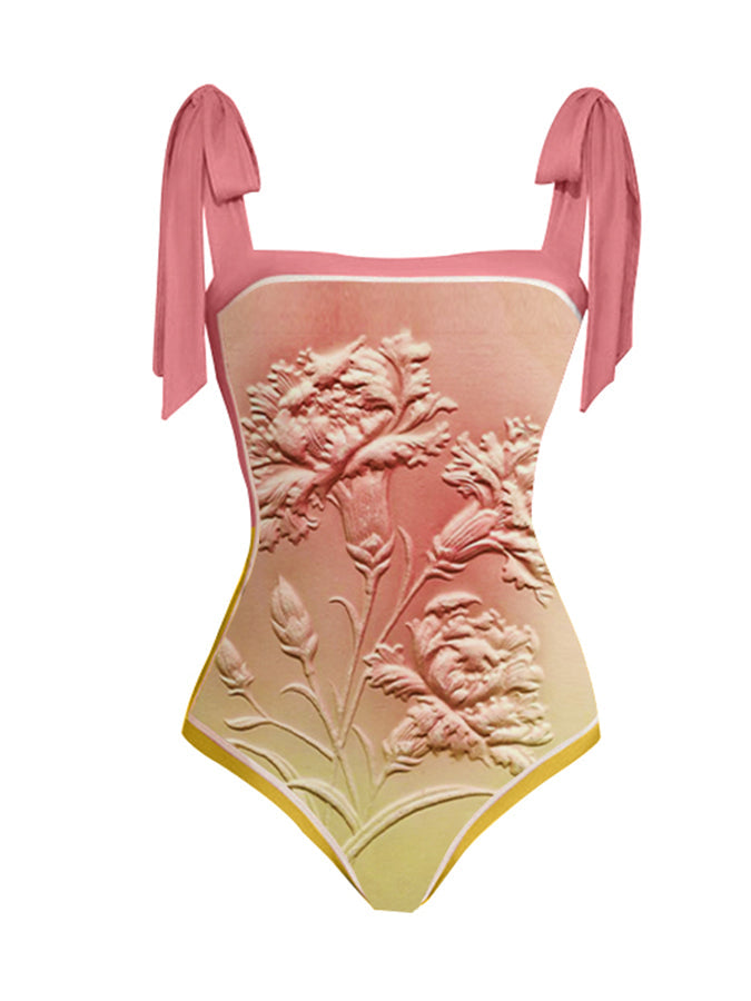 Fashion Vintage Floral Design Gradient One Piece Swimsuit and Cover Up
