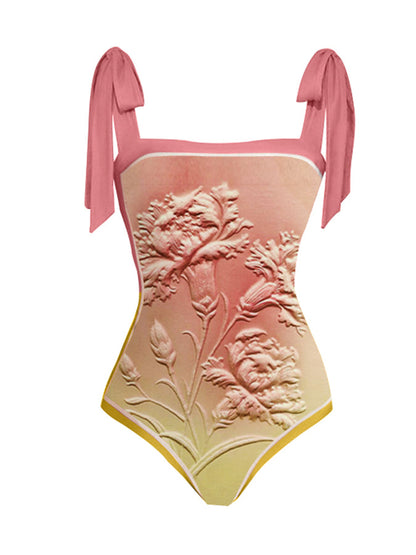 Fashion Vintage Floral Design Gradient One Piece Swimsuit and Cover Up