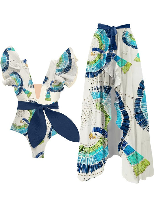 Ruffled Vintage Colorblock Bird Print One-Piece Swimsuit and Cover-up