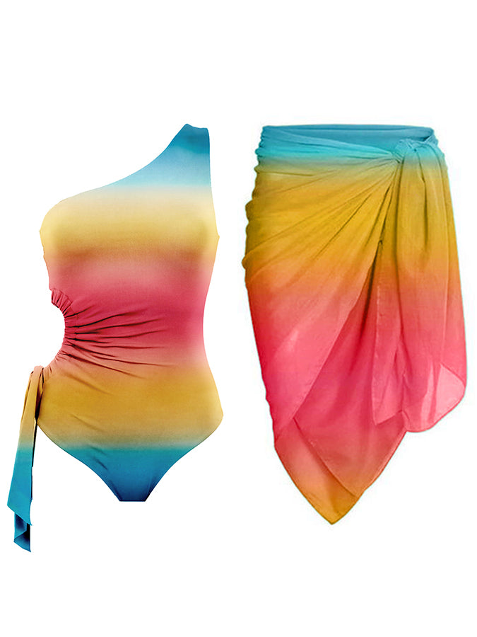 Fashion One-Shoulder Gradient Print One-Piece Swimsuit Set