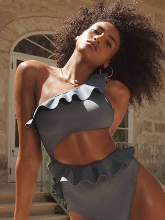 One-Shoulder Ruffle Solid One-Piece Swimsuit