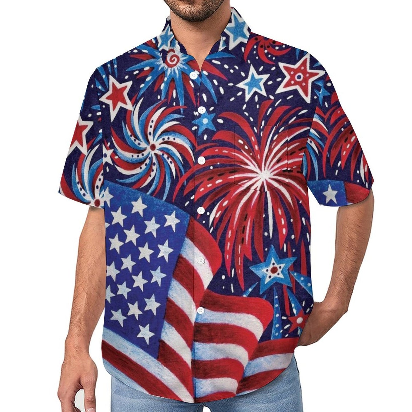 American Flag Chest Pocket Short Sleeve Cotton Linen Lounge Shirt 2306101234