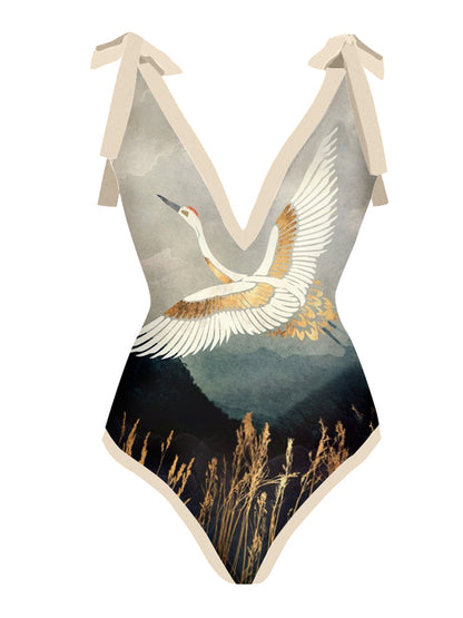 Vintage V-Neck Print One-Piece Swimsuit Set