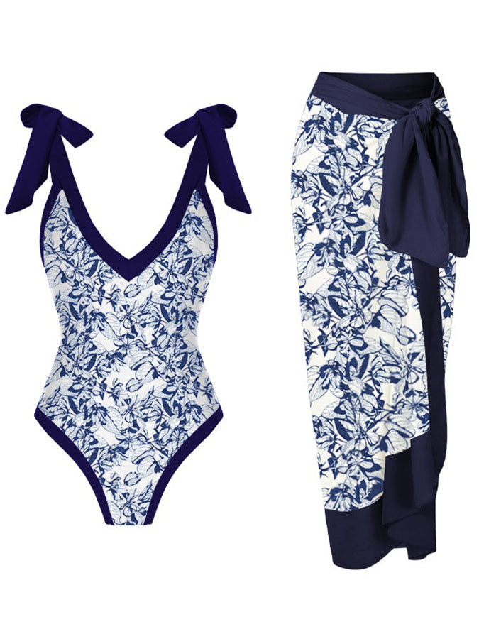 V-Neck Print One Piece Swimsuit and Cover Up