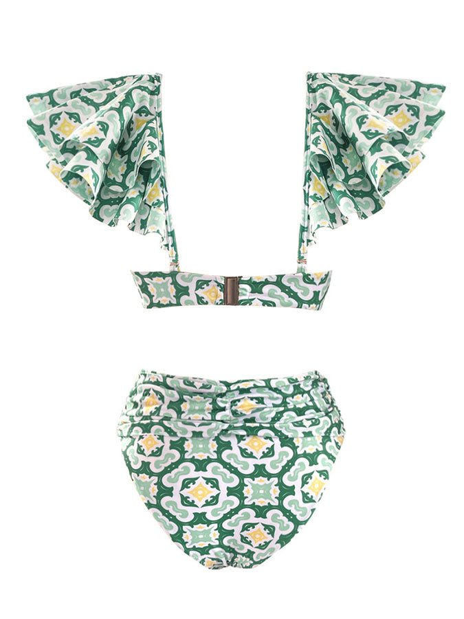 Fashion Floral Print Ruffle Bikini and Cover Up