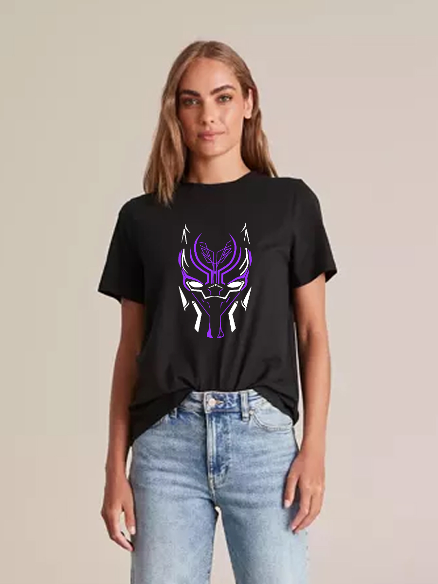 Women's Casual Marvel Black Panther Neon Printed Round Neck Short Sleeve T-Shirt