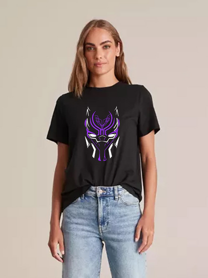 Women's Casual Marvel Black Panther Neon Printed Round Neck Short Sleeve T-Shirt