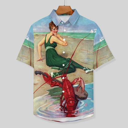 Vintage Belle Lobster Chest Pocket Short Sleeve Hawaiian Shirt 2306100698