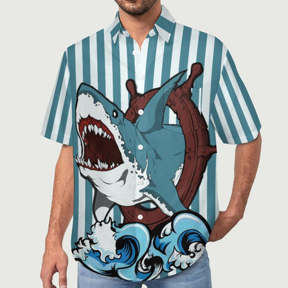 Men's Hemp Stripe Shark Print Vacation Hawaiian Shirt